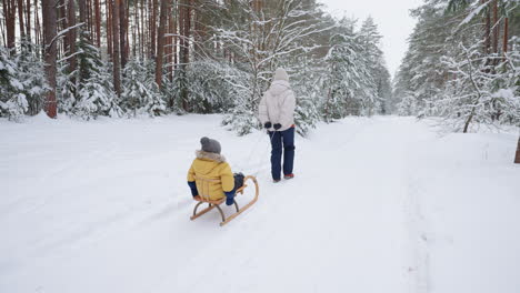 A-young-mother-and-son-have-fun-in-the-winter-in-the-forest-sledding-in-slow-motion.-happy-mom-on-a-walk-with-her-son-in-a-snowy-forest